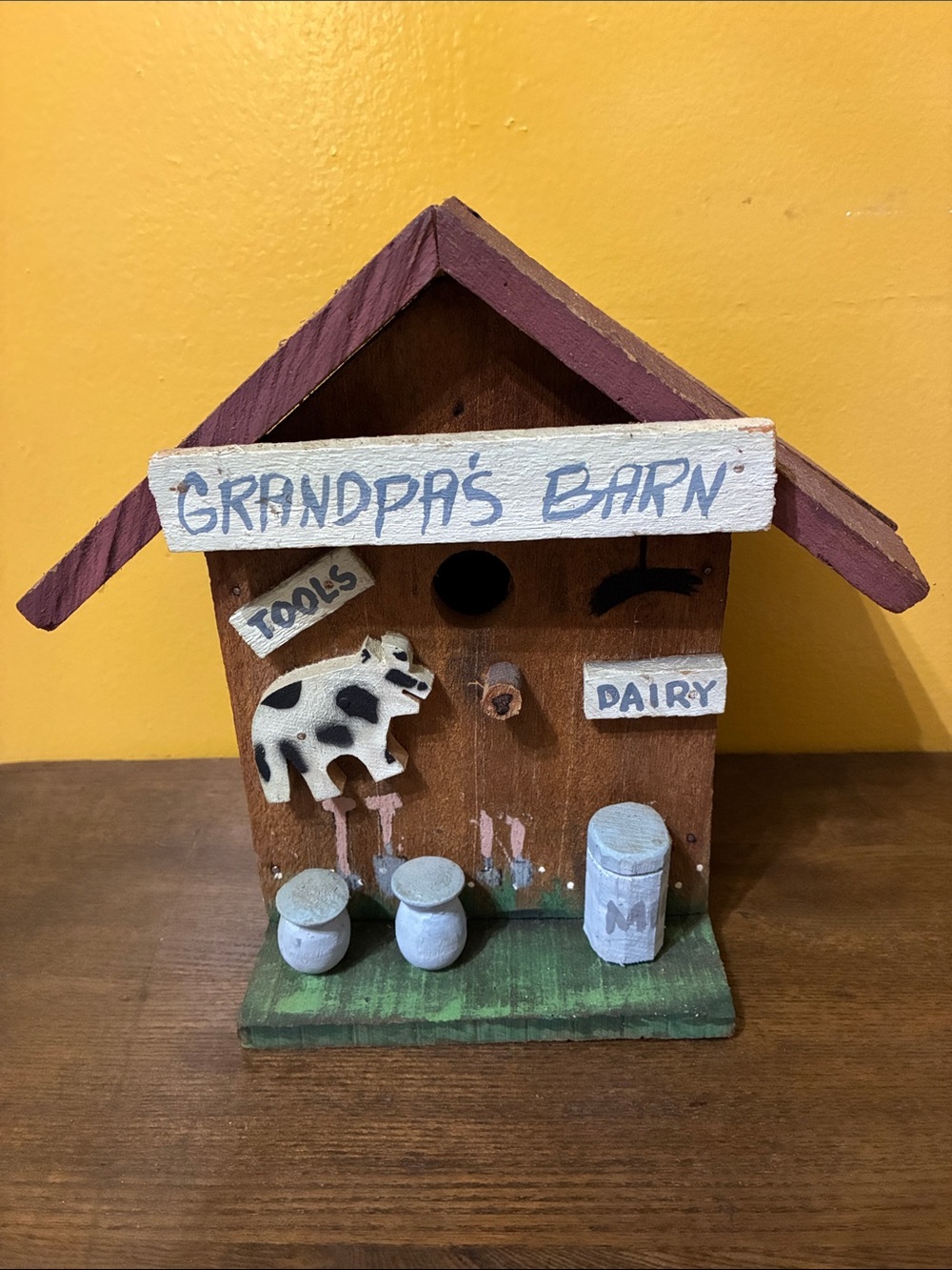 Rustic 'Grandpa's Barn' Decorative Birdhouse - Wood, Cow Motif, Multi-Color